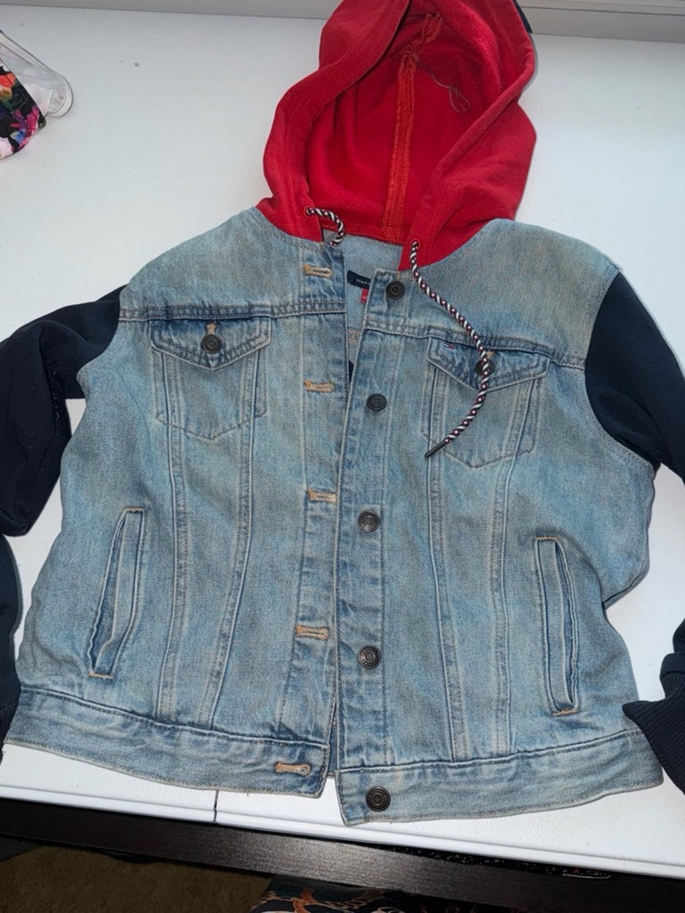 Tommy Hilfiger Light Blue Denim Jacket with Red Hood and Black Sleeves